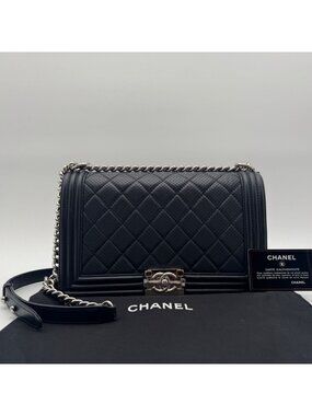 Chanel Shoulder Bag CC Logo Silver Leather Navy with Shield Chain